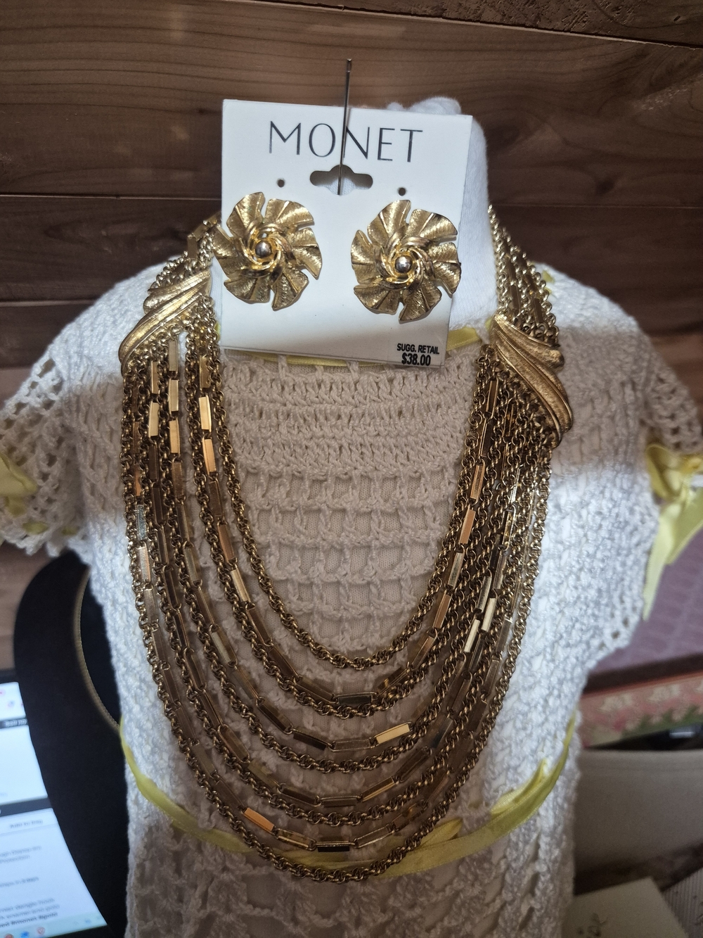 Monet Gold Multi-Strand Chain Necklace with Floral Earrings